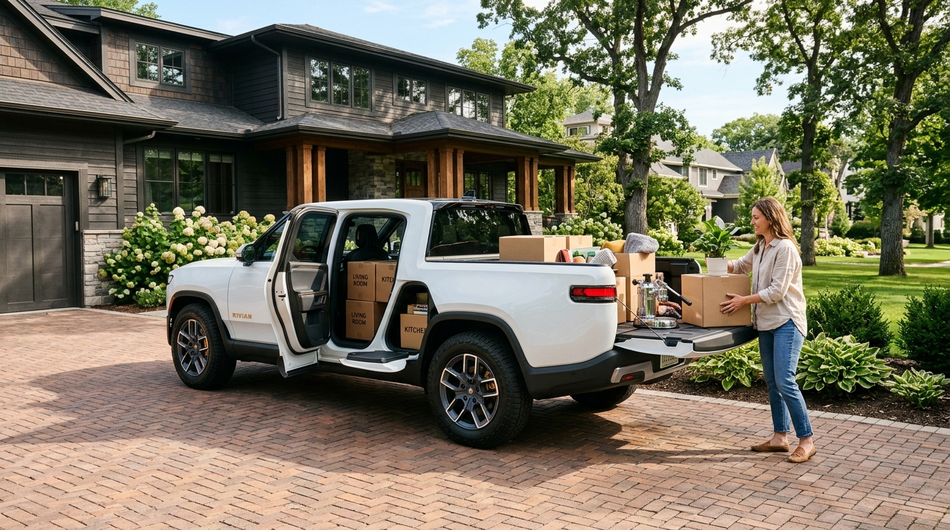 Glacier White Rivian R1T Gear Tunnel and bed loaded in a Minneapolis driveway
