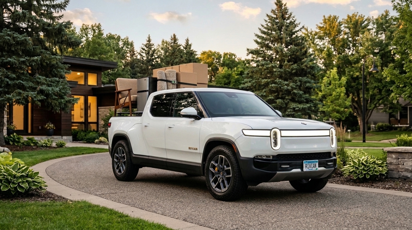 Junk Free MN Glacier White Rivian R1T electric pickup truck in Minneapolis